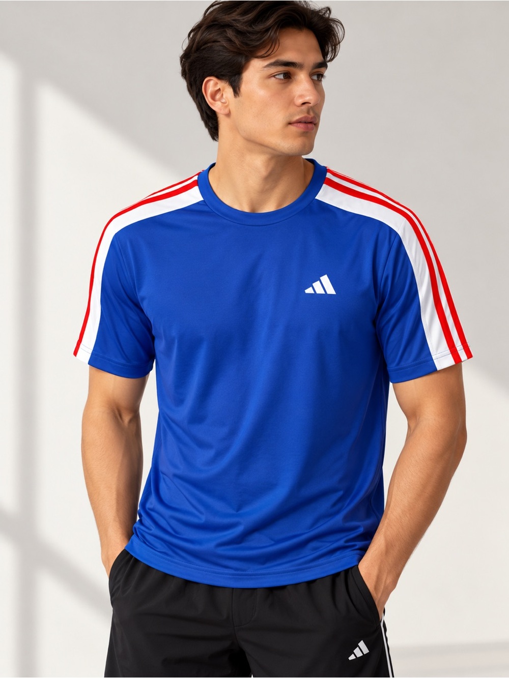 adidas Blue Short-Sleeve Performance Tee with White & Red Shoulder Stripes